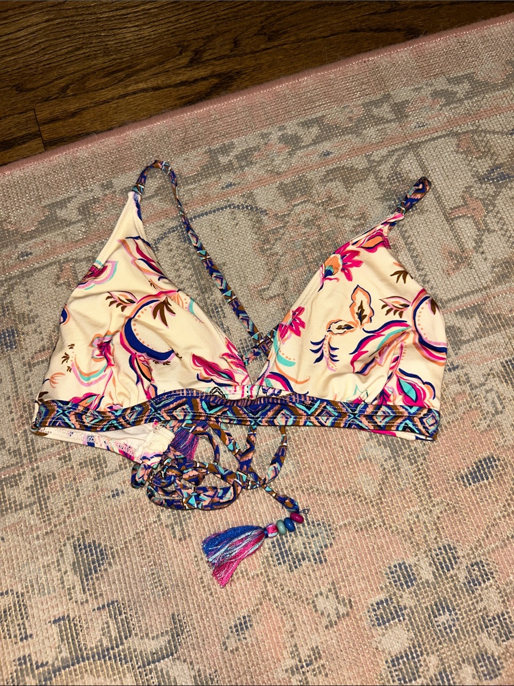 Lucky Brand Cream Bikini Top with Pink Blue and Purple Floral Print